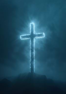 Glowing Cross in Misty Landscape