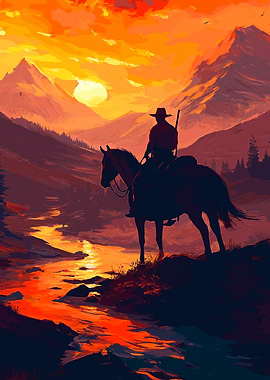 Cowboy on Horseback at Sunset