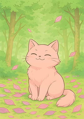 Happy Cat in Forest with Leaves