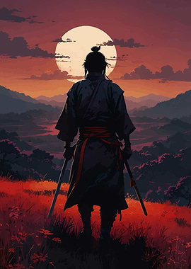 Samurai Silhouette Against Moonlit Landscape