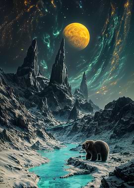 Bear in Alien Landscape with Moon
