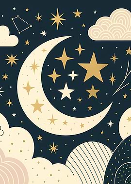 Crescent Moon and Stars Night Sky