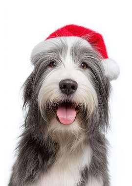 Bearded Collie with Santa Hat