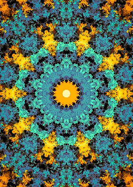 Abstract Fractal Kaleidoscope in Teal and Gold