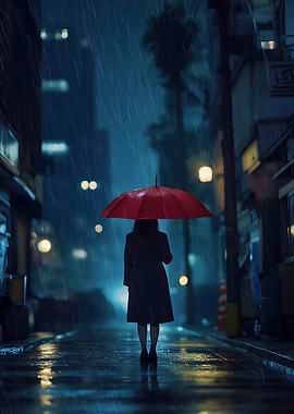 Rainy Night Walk with Red Umbrella