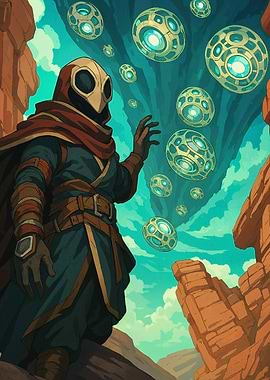 Hooded Figure with Floating Orbs