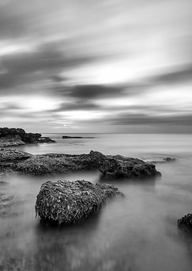 Monochrome Seascape with Rocks and Clouds