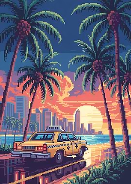 Pixel Art Miami Taxi at Sunset