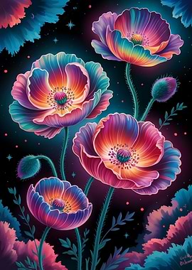 Colorful Poppies on Black Background