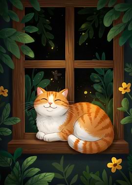 Smiling Cat on Window Sill