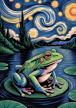 Frog on Lily Pad Starry Night