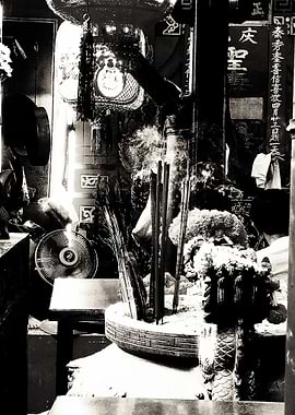 Monochrome Temple Interior with Incense