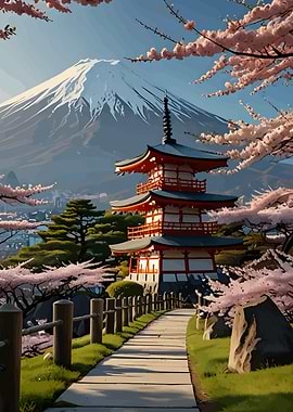 Japanese Pagoda with Mount Fuji