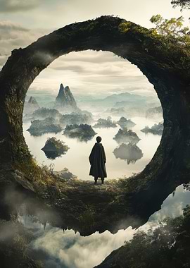 Cloaked Figure Overlooking Misty Landscape