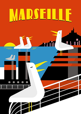 Marseille Travel Poster with Seagulls