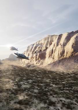 Futuristic Spaceships over Desert Landscape