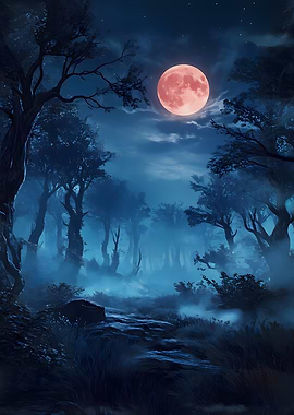 Mystical Forest Under a Red Moon
