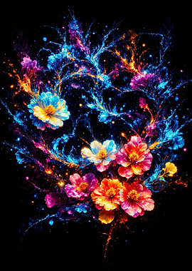 Cosmic Floral Arrangement on Black Background