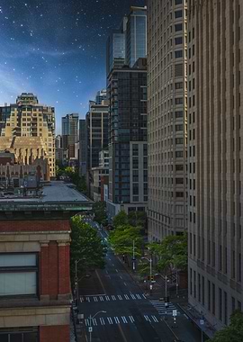 Cityscape at Night with Starry Sky