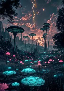 Glowing Mushroom Landscape with Lightning