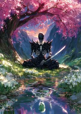 Samurai Skeleton Meditation Under Cherry Tree