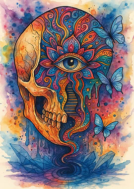 Psychedelic Skull with Eye and Butterflies