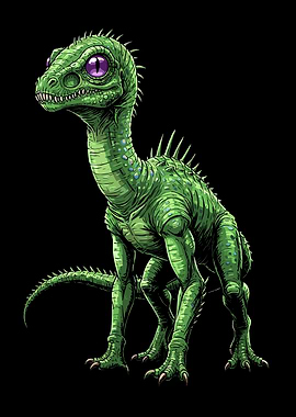 Green Dinosaur Alien with Big Purple Eyes