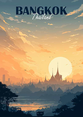 Bangkok Thailand Sunset Cityscape Illustration