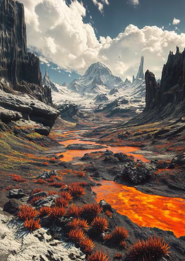 Volcanic Landscape with Snow-Capped Mountains