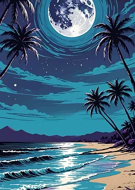Tropical Beach at Night with Moon