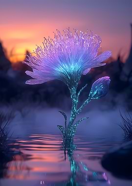 Glowing Flower in Water at Sunset