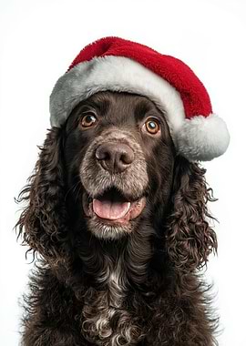 American Water Spaniel Dog with Santa Hat Portrait