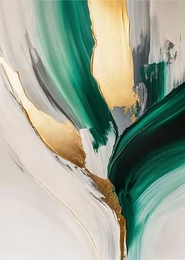 Modern Impasto Art Painting - Bold Emerald Green Gold & Gray Abstract Luxury Wall Decor