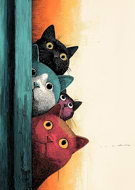 Curious Cat Parade: Peeking Felines in Bold Colors