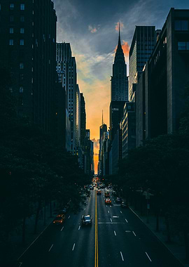 New York City street view at sunset