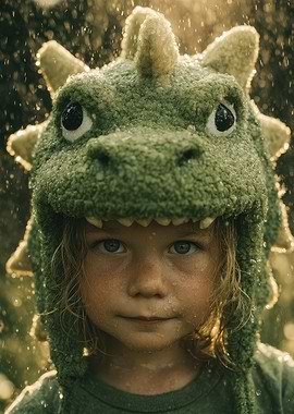 Child in Dinosaur Hat in Rain