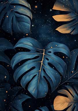 Monstera Leaves in a Starry Night | Night Botanical Monstera Print