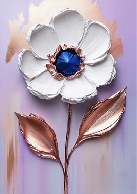 Textured White Floral Painting - Turquoise & Copper Impasto Art with Palette Knife Design