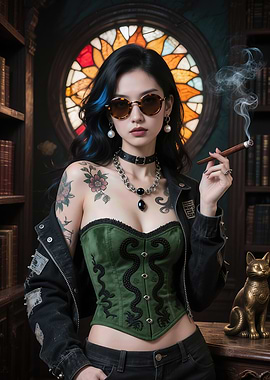 Enigmatic Raven Haired Girl With Vintage Sunglasses In A Moody Retro Library