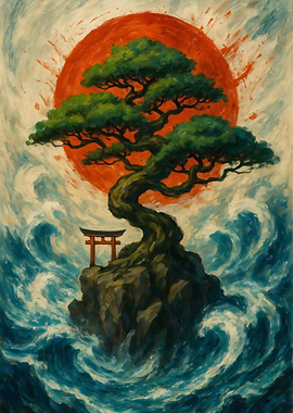 Bonsai Tree Island with Torii Gate