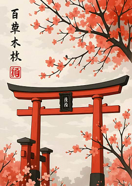 Japanese Torii Gate with Cherry Blossoms