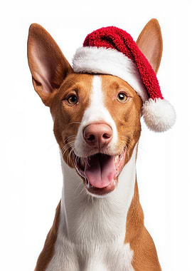 Ibizan Hound Dog with Santa Hat Portrait