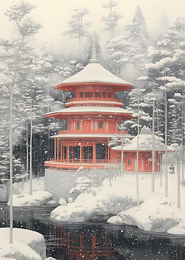 Japanese Pagoda in Winter Landscape