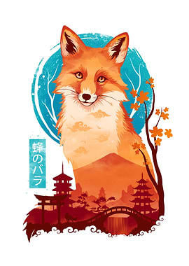 Fox and Japanese Landscape Illustration