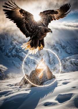 Eagle soaring over snowy mountain peak Rune Sowilo
