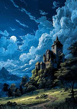 Anime Castle under moonlight