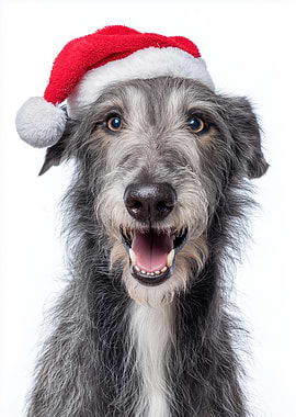 Scottish Deerhound Dog with Santa Hat Portrait