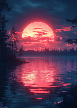 Red Sunset Over Lake