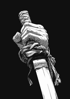 Hand gripping sword hilt monochrome art