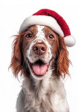 Irish Red and White Setter Dog with Santa Hat Portrait